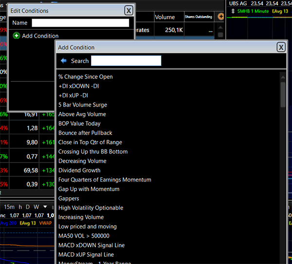 Watchlist com ações para fazer trading