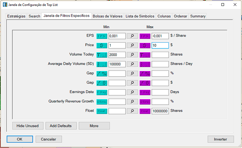 Filtros usados para encontrar Penny stocks no PREMARKET