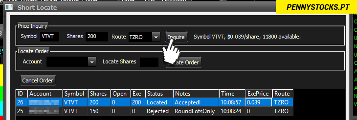 Exemplo de short locate na SureTrade Desktop