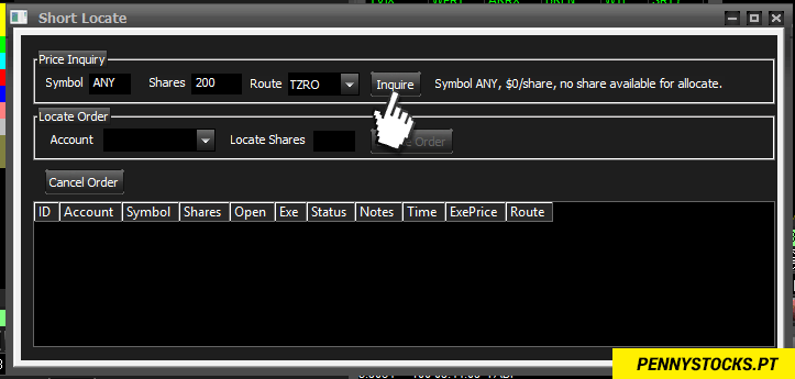 Exemplo de short locate na SureTrade Desktop