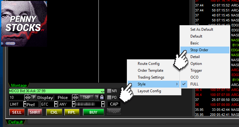 Mudar para janela Stop Order na plataforma SureTrader Desktop