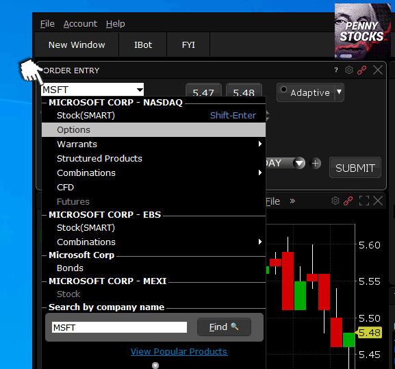 Janela de ordens na plataforma TWS da Interactive Brokers