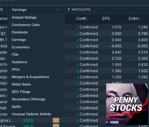 Calendário no Benzinga Pro