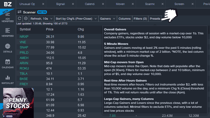 Stock scanner no Benzinga Pro