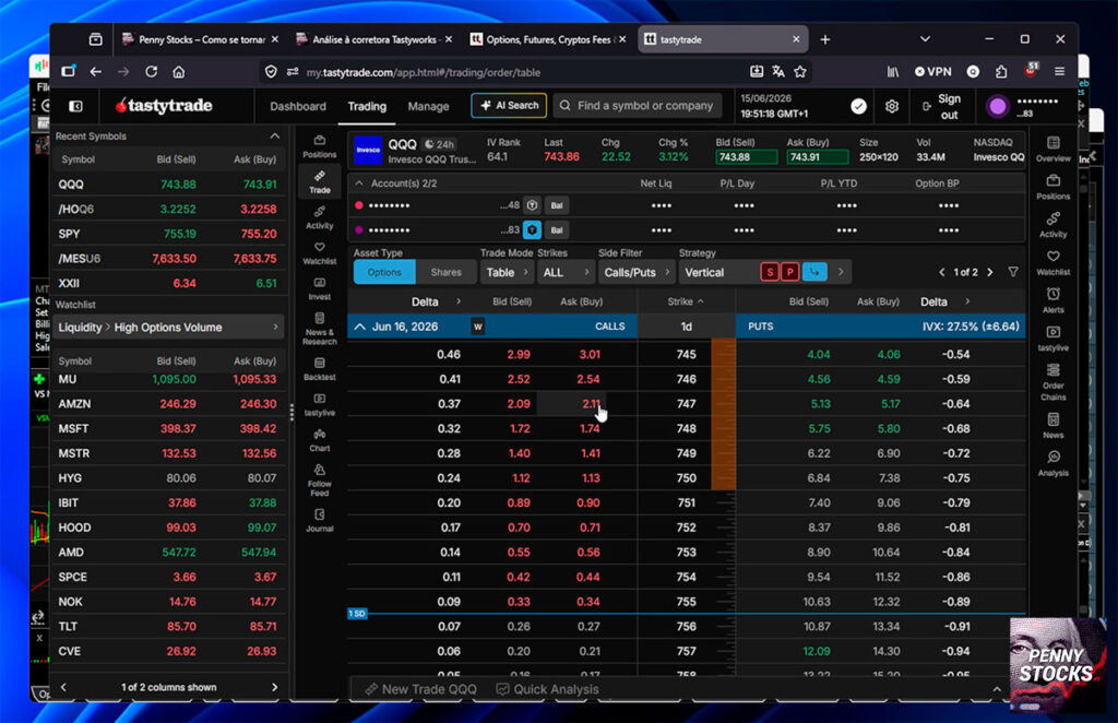 Plataforma web de trading da Tastytrade
