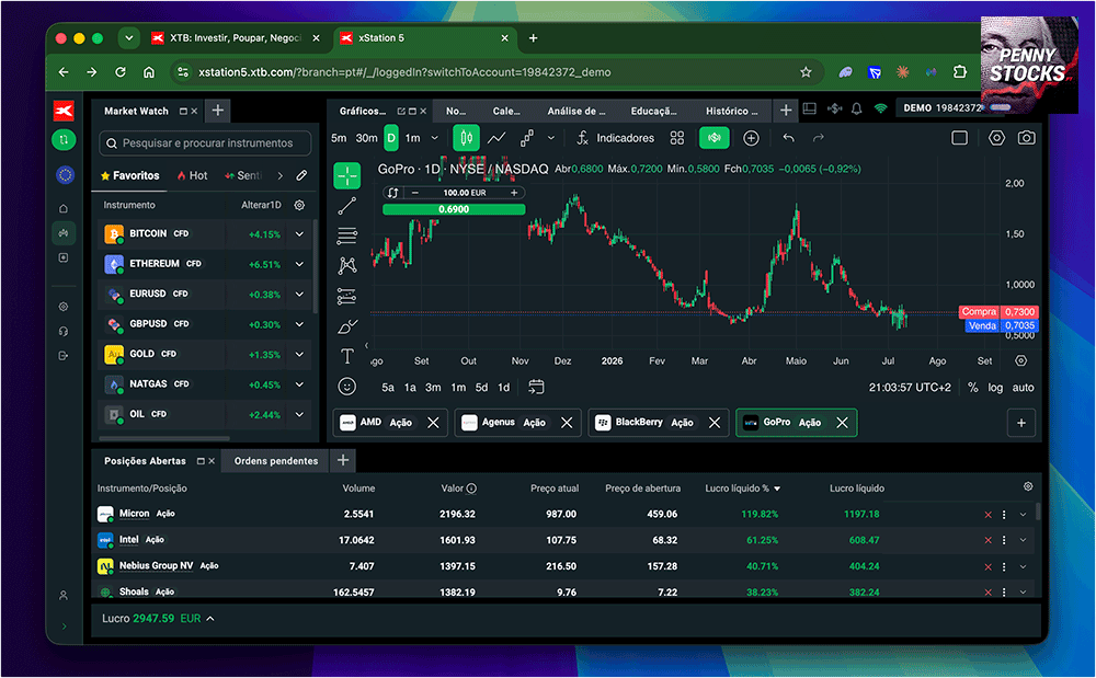 Plataforma web XTB no modo escuro e claro